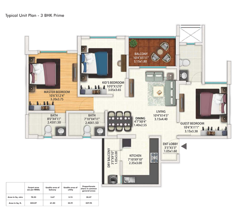 Gera's Island of Joy 3 BHK floor plan