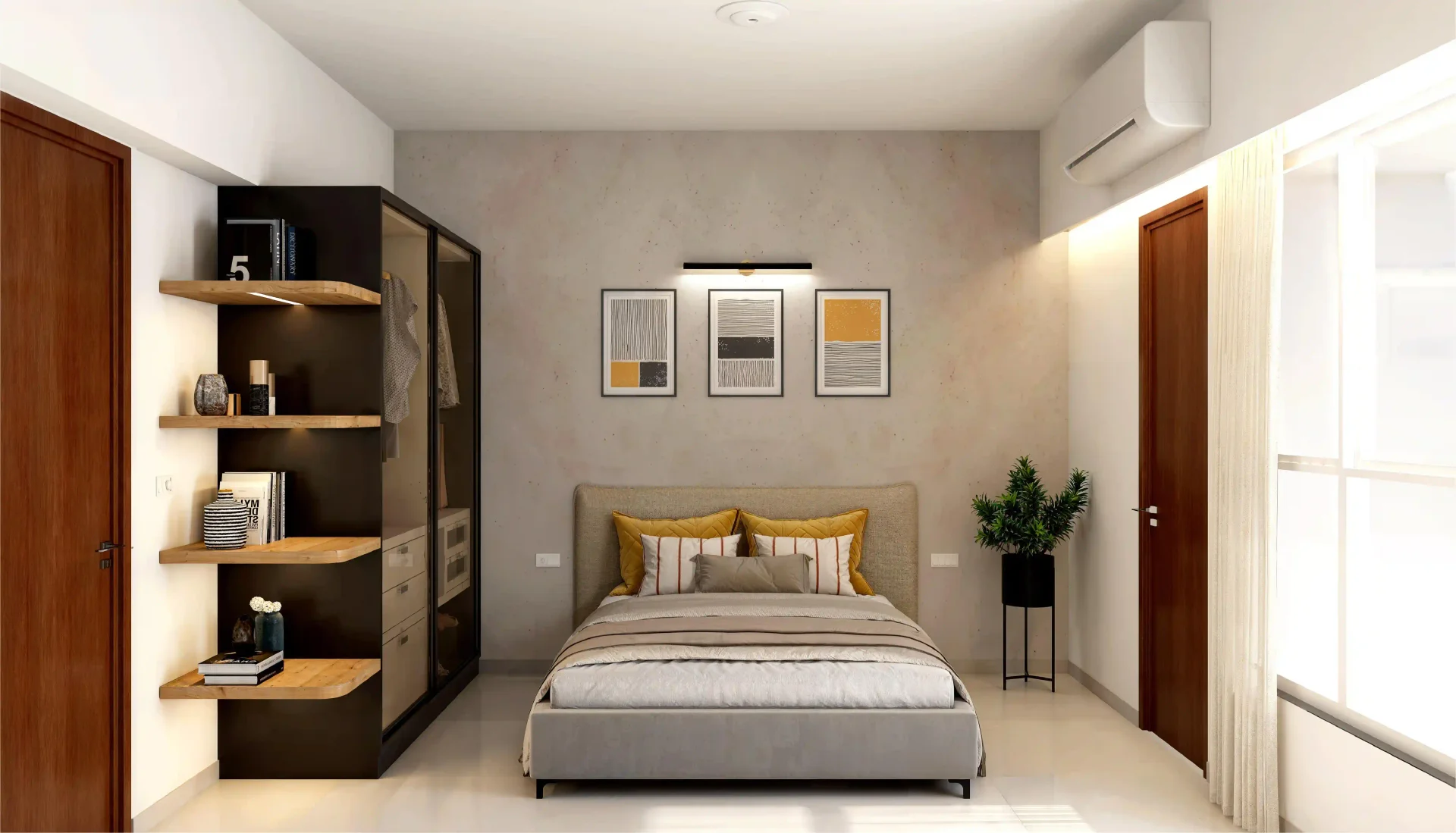 Godrej Aqua Vista bedroom with wardrobe wall and study shelving