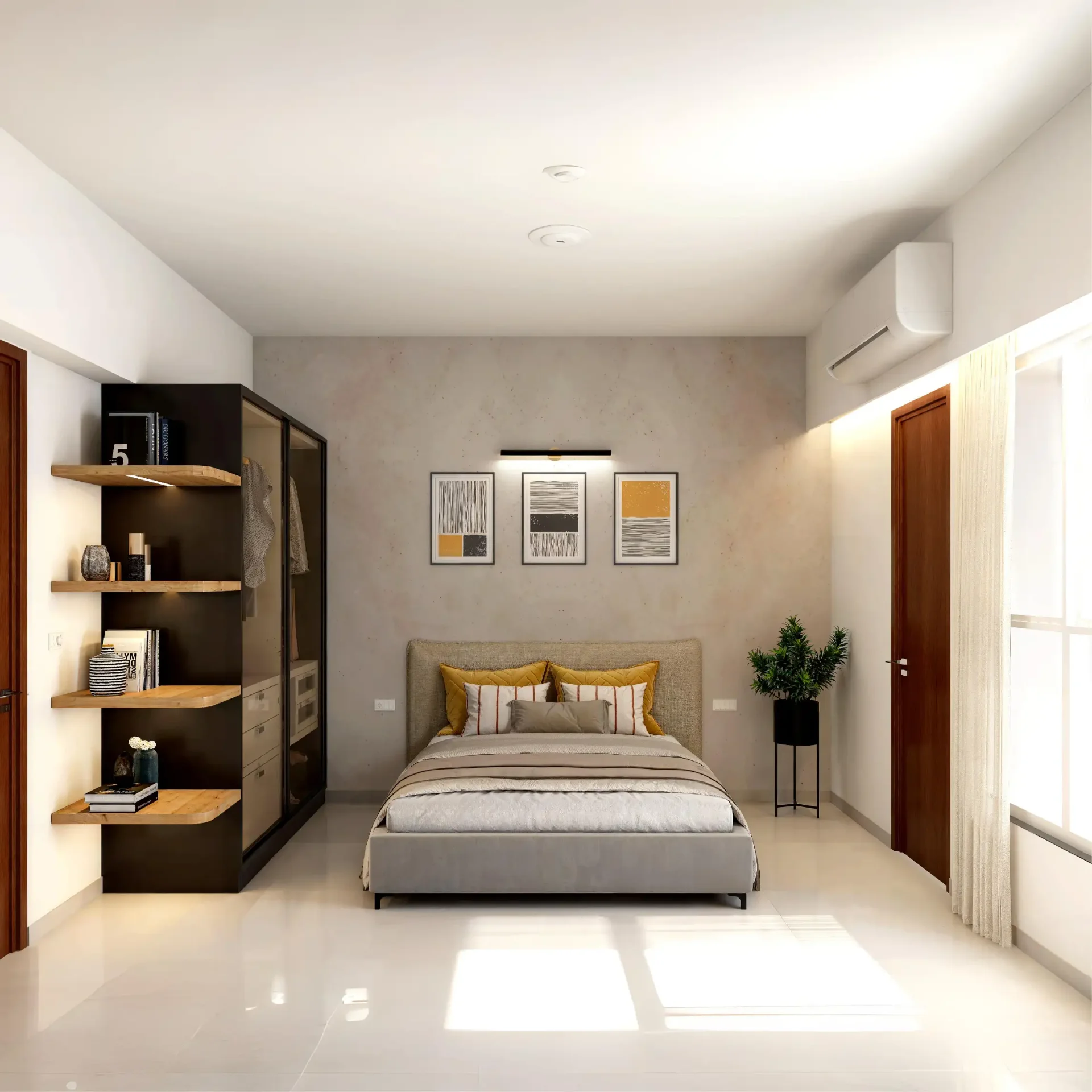 Godrej Aqua Vista bedroom with balcony access and built-in storage
