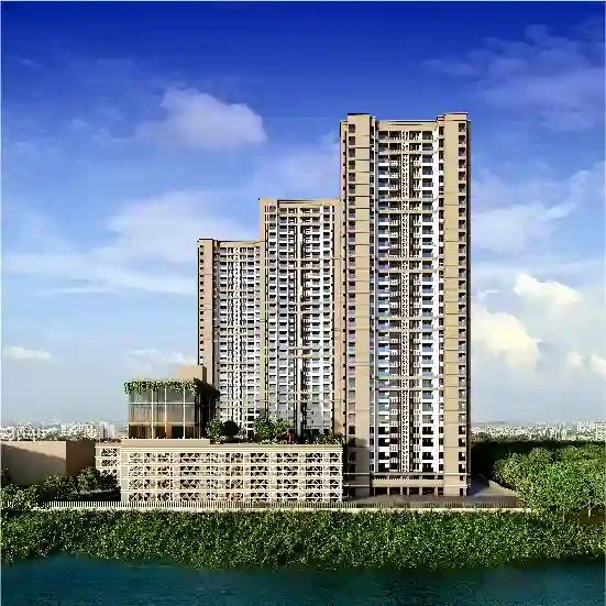 Godrej Aqua Vista towers viewed across the Mula-Mutha river frontage