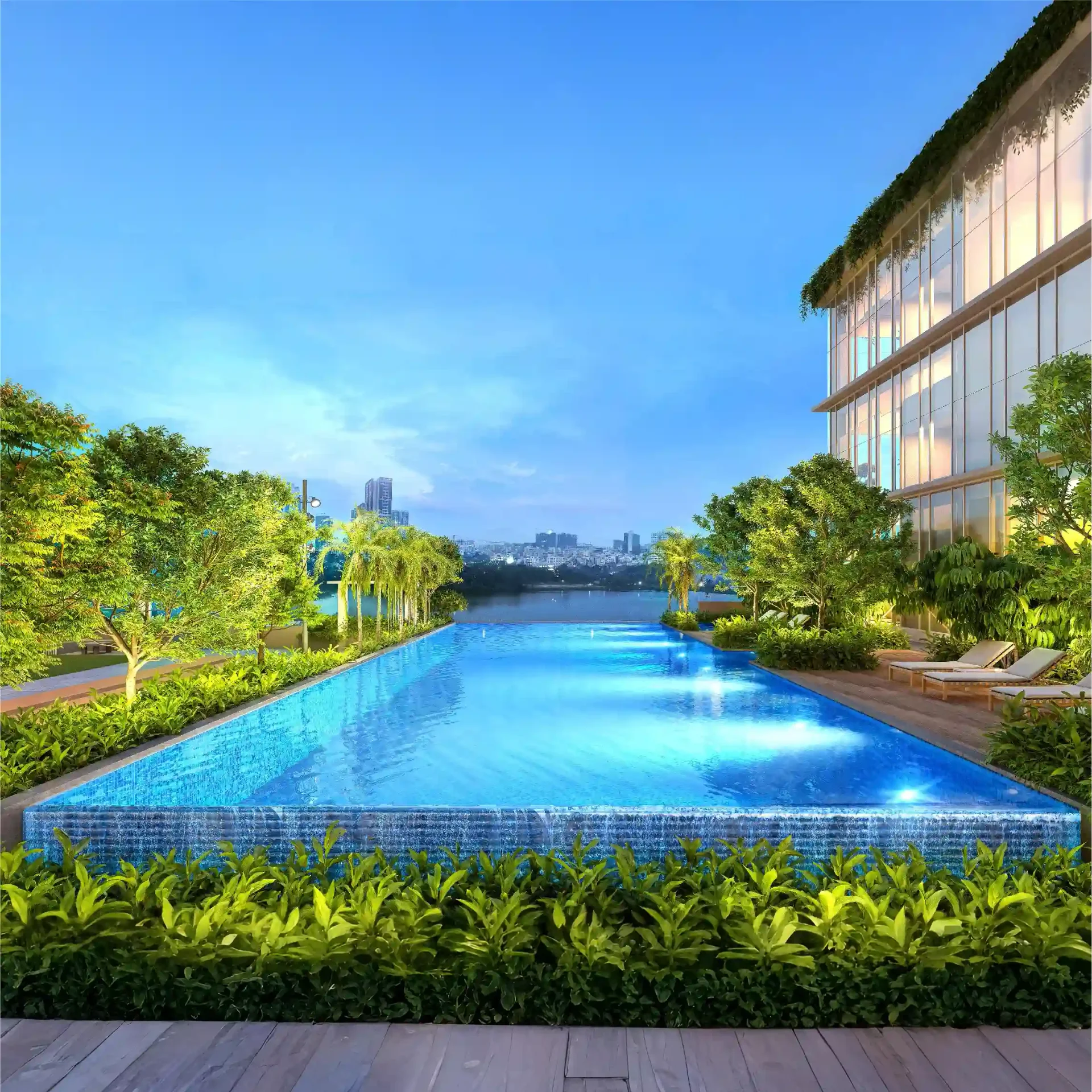 Godrej Aqua Vista infinity pool on the podium overlooking the river and city skyline