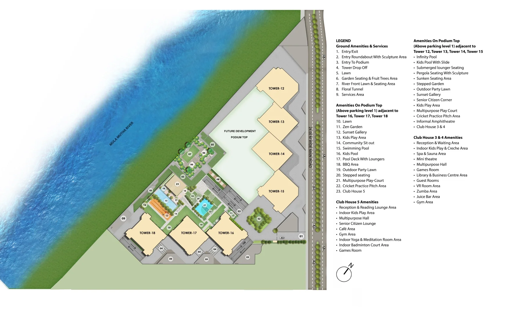 Godrej Aqua Vista master layout plan showing tower positions, podium amenities and the river edge