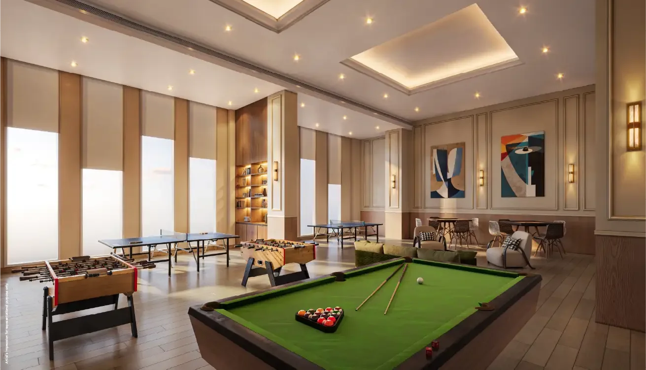 Godrej Elaris indoor games room with pool, table tennis and foosball