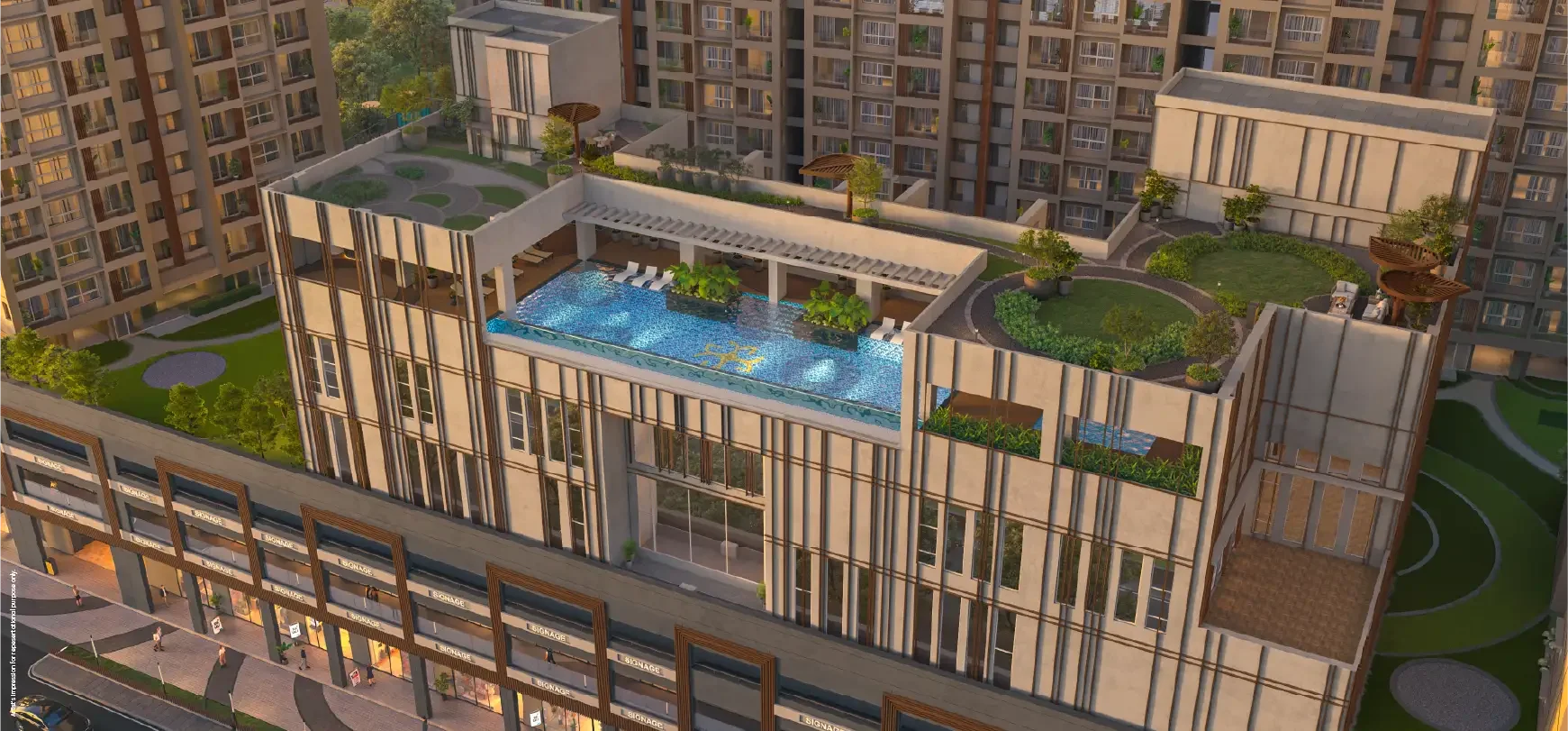 Godrej Elaris clubhouse with rooftop swimming pool set between the residential wings