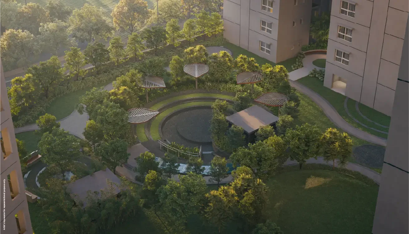 Godrej Elaris podium landscape with a central water feature and shaded pavilions