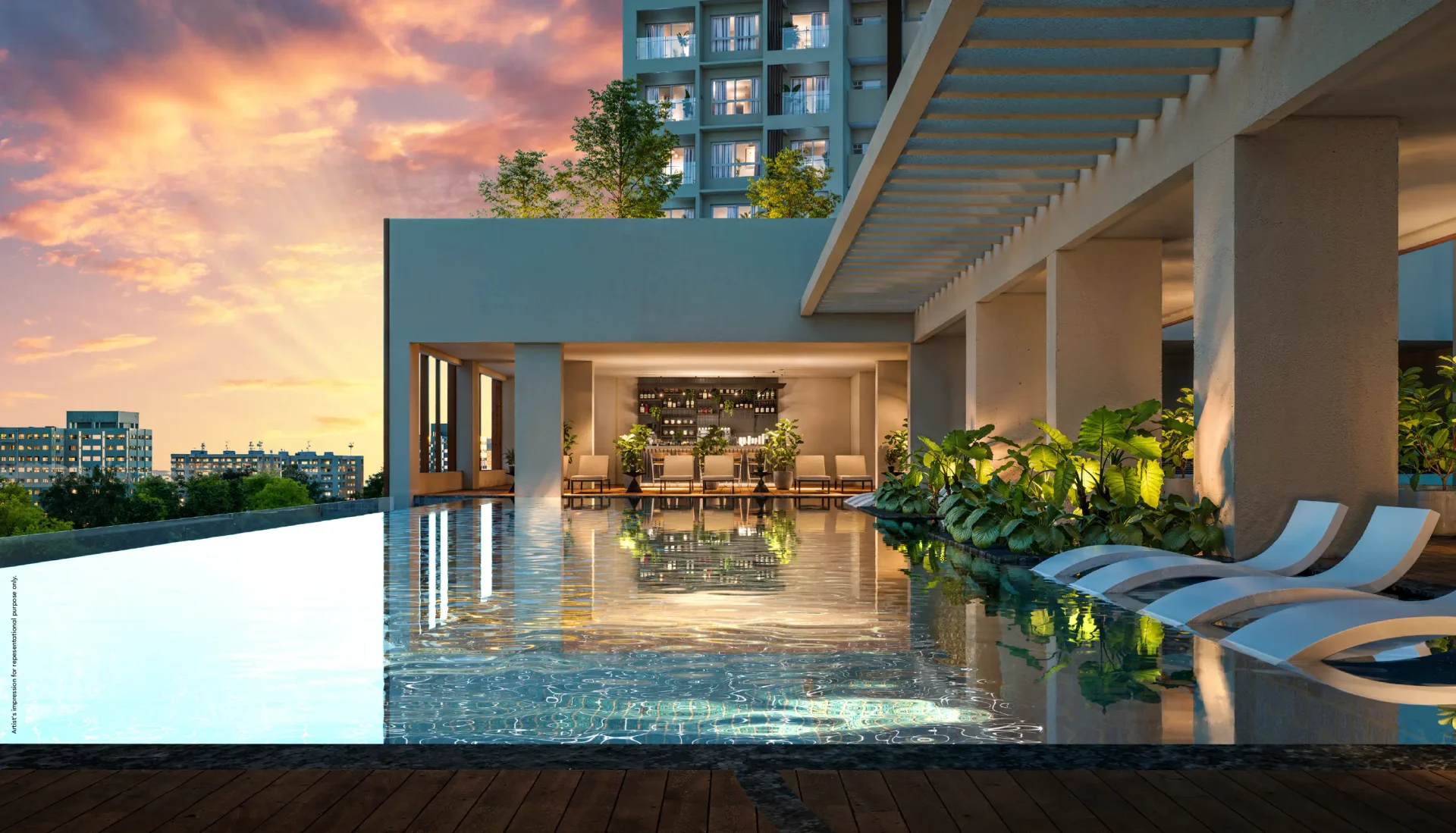 Godrej Elaris infinity pool and poolside lounge at dusk