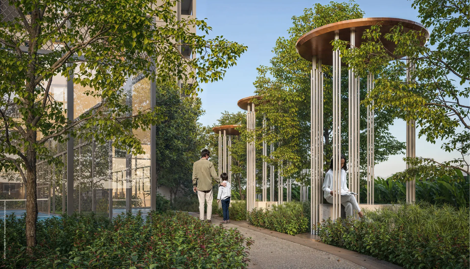 Godrej Elaris landscaped walkway with wind chime installation between the towers