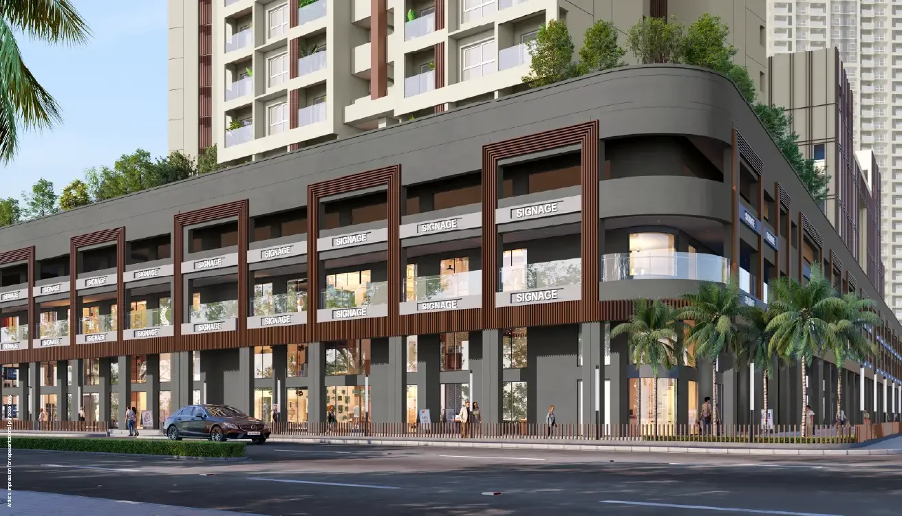 Godrej Elaris high-street retail frontage along the approach road
