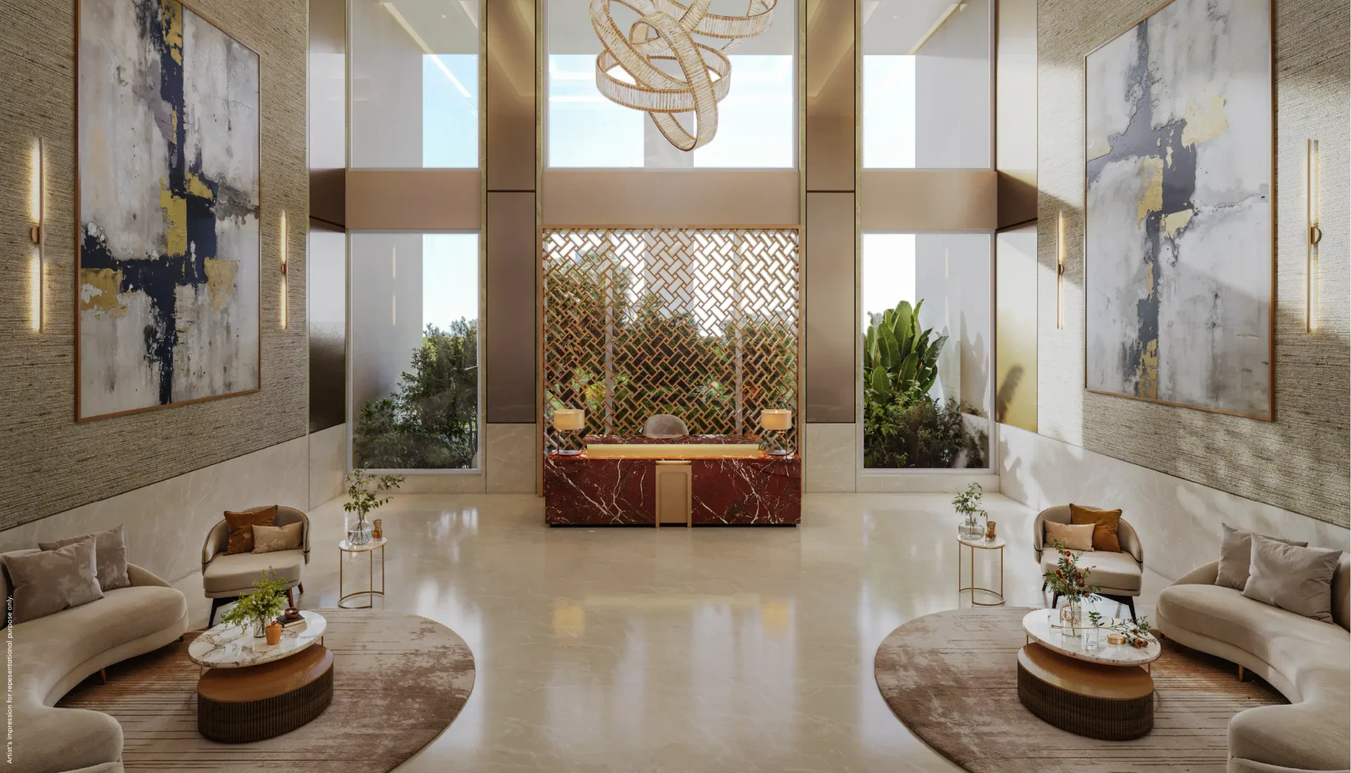 Godrej Elaris double-height entrance lobby with lounge seating