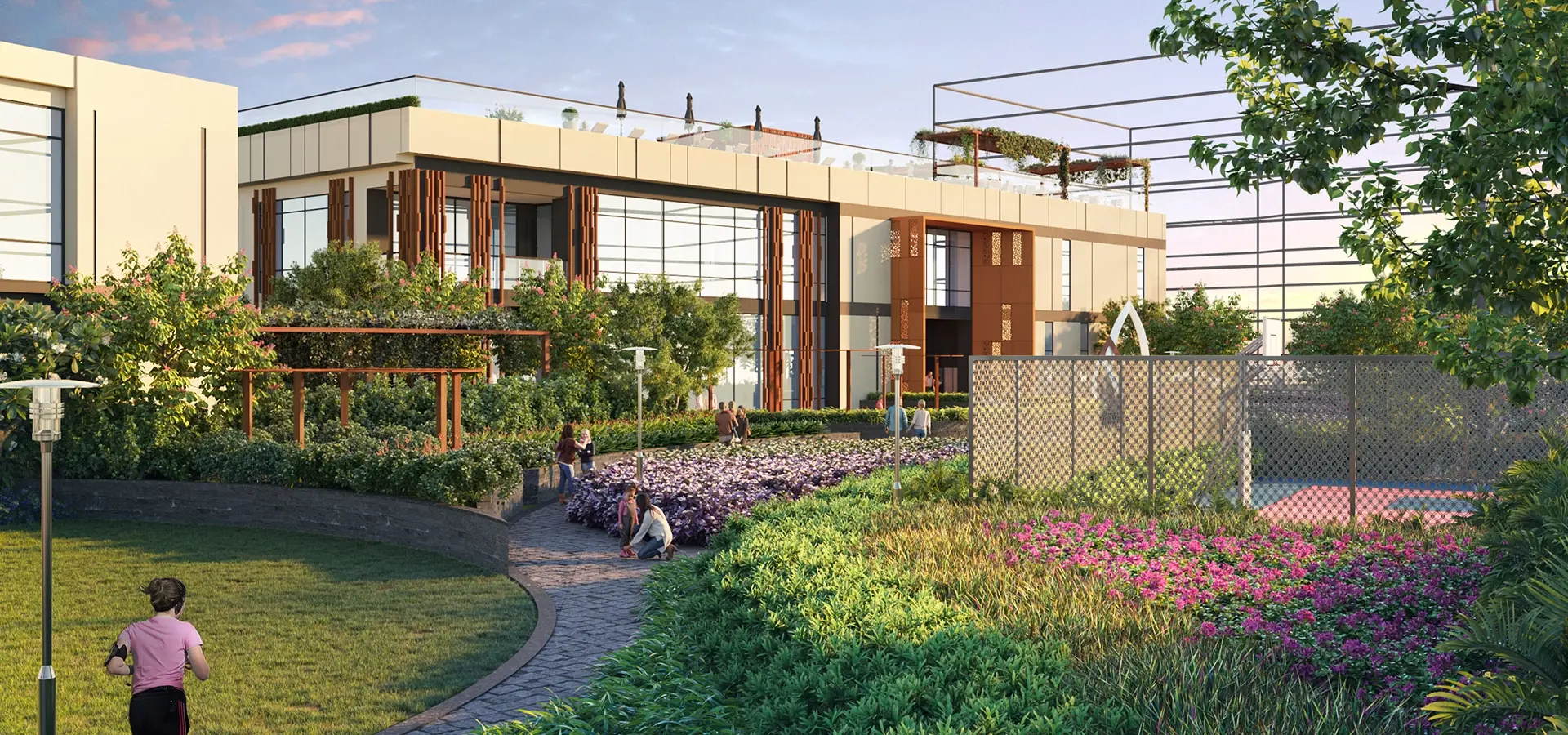 Godrej Emerald Waters - landscaped amenity deck and clubhouse area