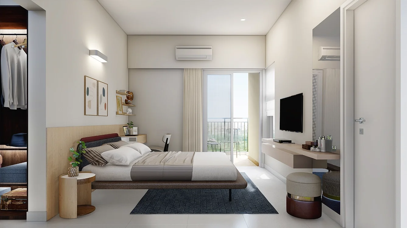 Godrej Hill Retreat bedroom with wardrobe wall and balcony access