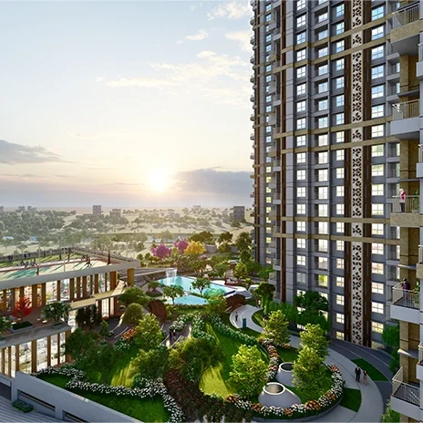 Godrej Hill Retreat tower elevation at sunrise with the amenity podium below