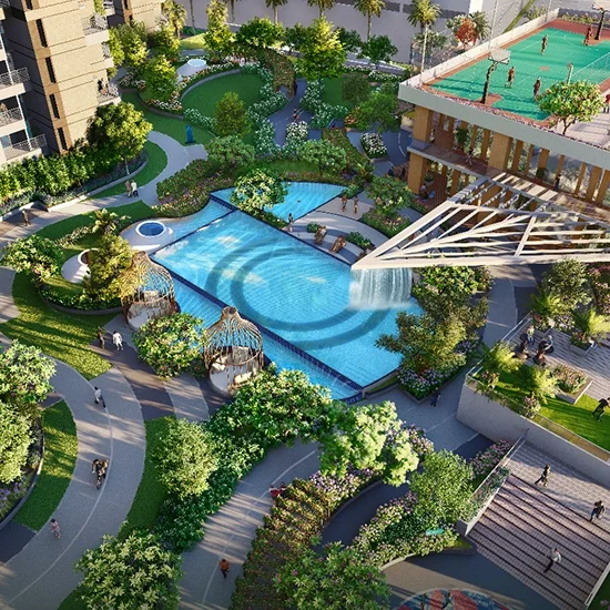 Godrej Hill Retreat aerial view of the pool, courts and landscaped walkways