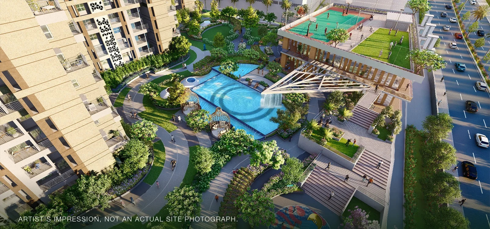 Godrej Hill Retreat aerial of the central pool and amphitheatre between towers