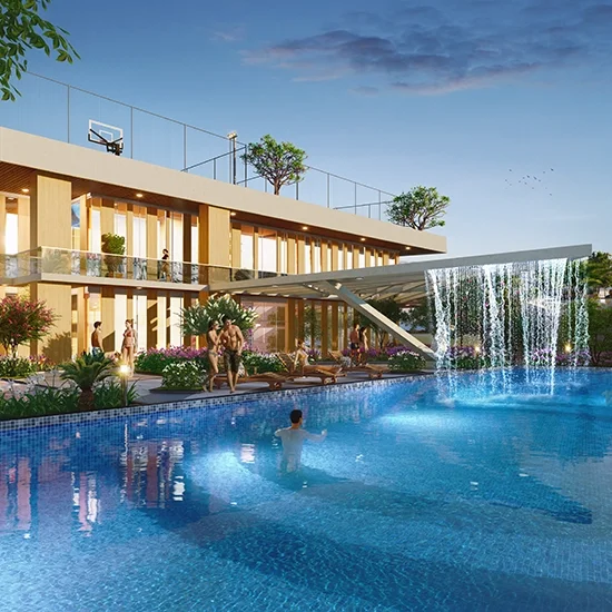Godrej Hill Retreat pool with cascading water wall and shaded deck