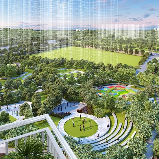 Godrej Hill Retreat elevated skywalk looking over the open green and amphitheatre