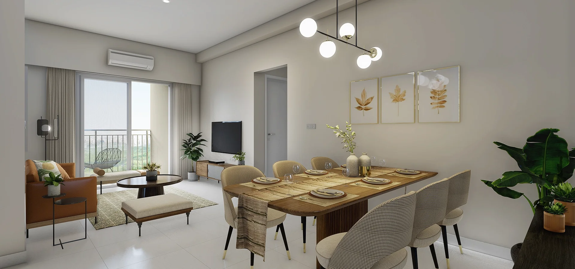 Godrej Hill Retreat apartment living and dining space opening to the balcony