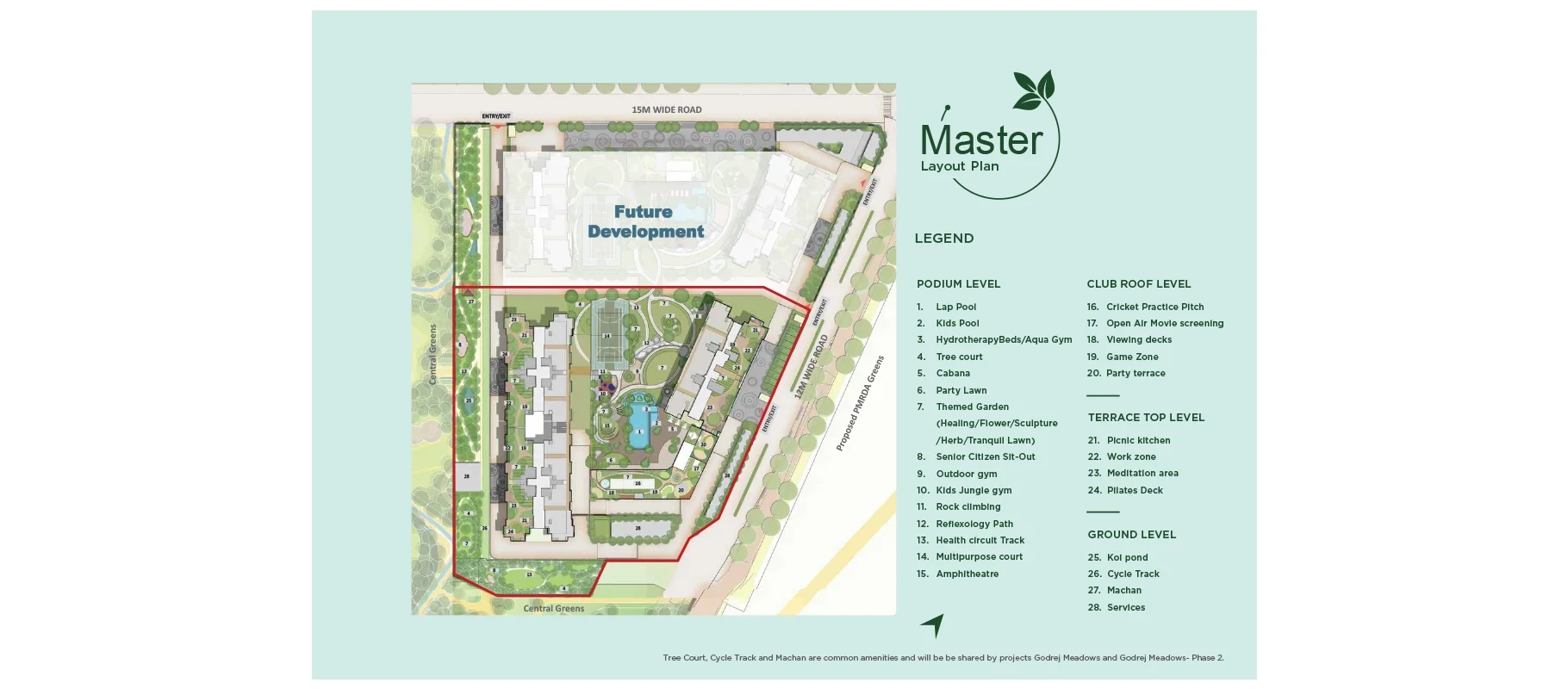 Godrej Meadows master layout plan with the numbered amenity legend across four levels