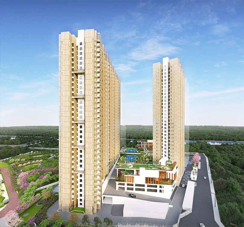 Godrej Meadows aerial view of the towers above the landscaped podium
