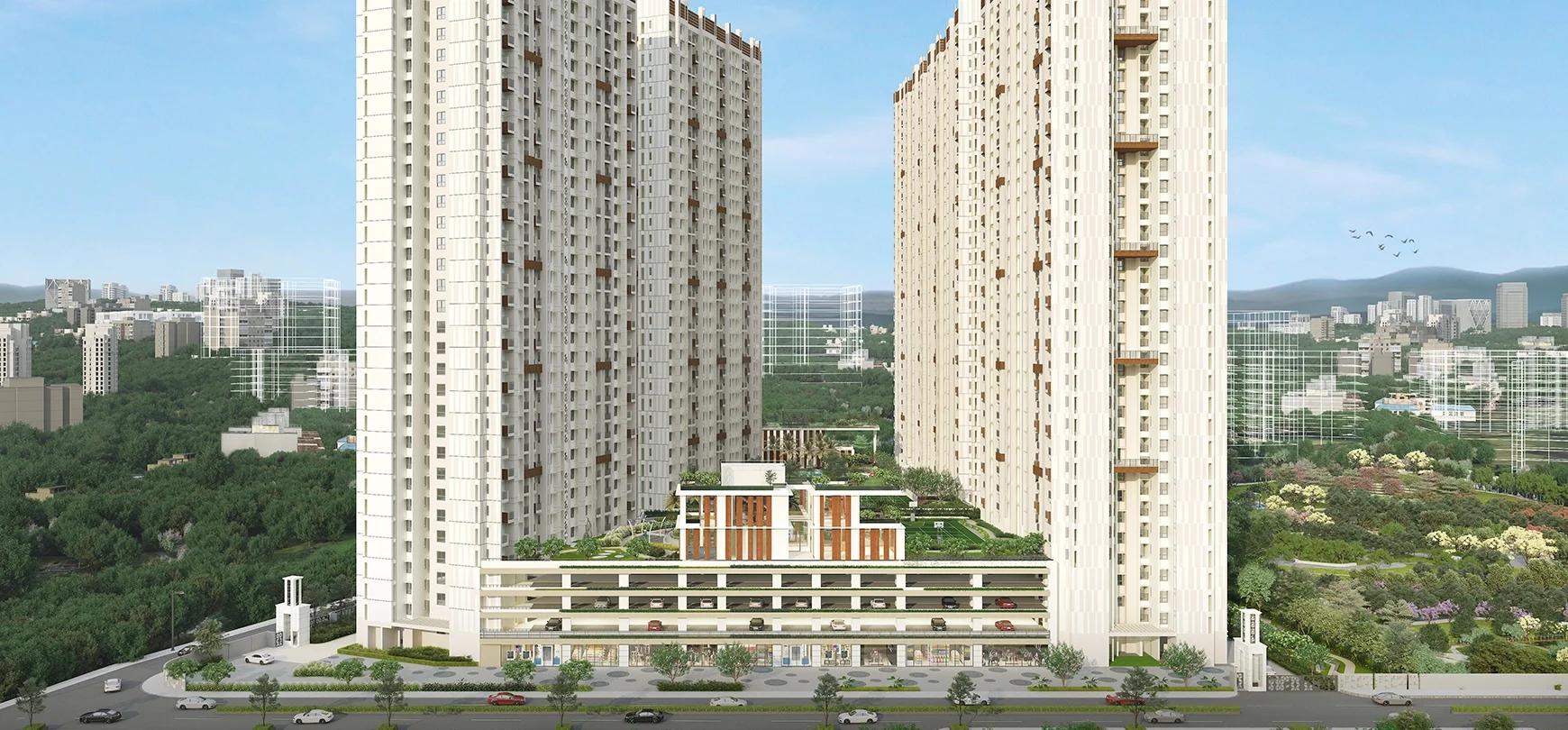 Godrej Meadows full facade with the retail podium at street level