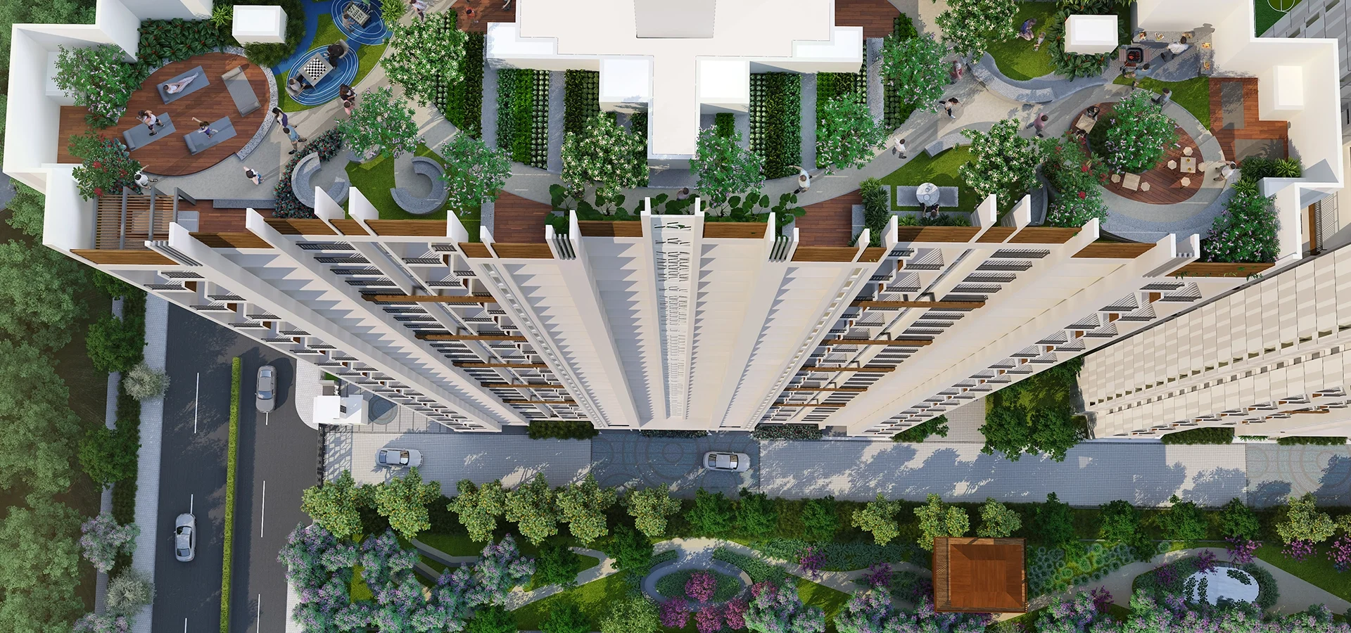 Godrej Meadows top-down view of the podium deck and amenity zones