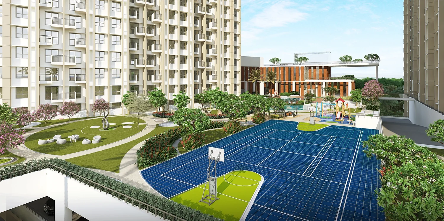 Godrej Meadows podium sports court with adjoining play lawn and clubhouse