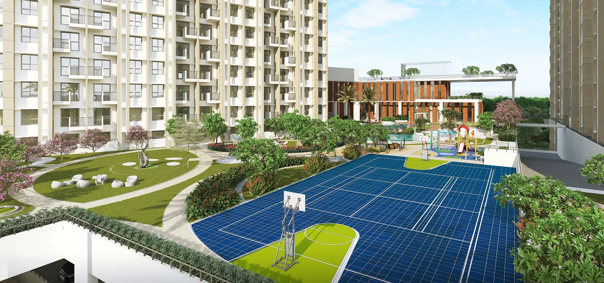 Godrej Meadows multipurpose sports court on the podium with seating alongside