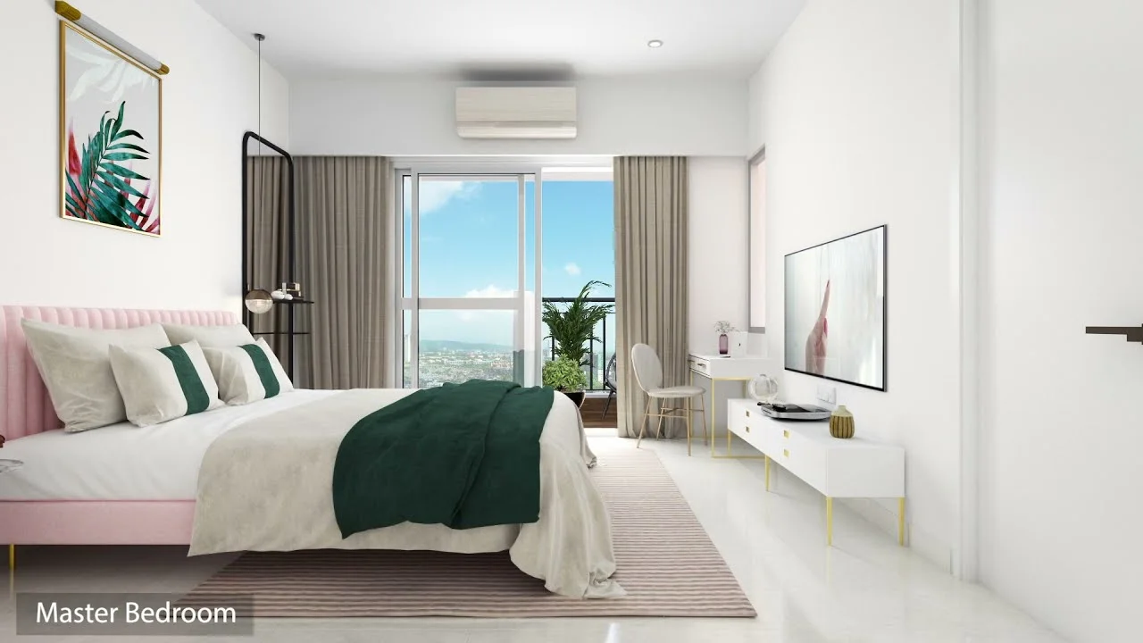 Godrej Meadows sample flat master bedroom with balcony and valley views