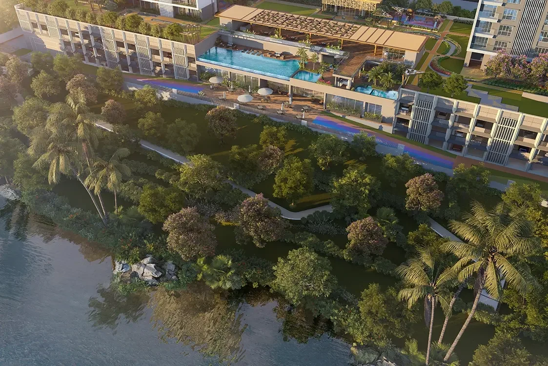 Godrej River Royale aerial view of the development along the river edge