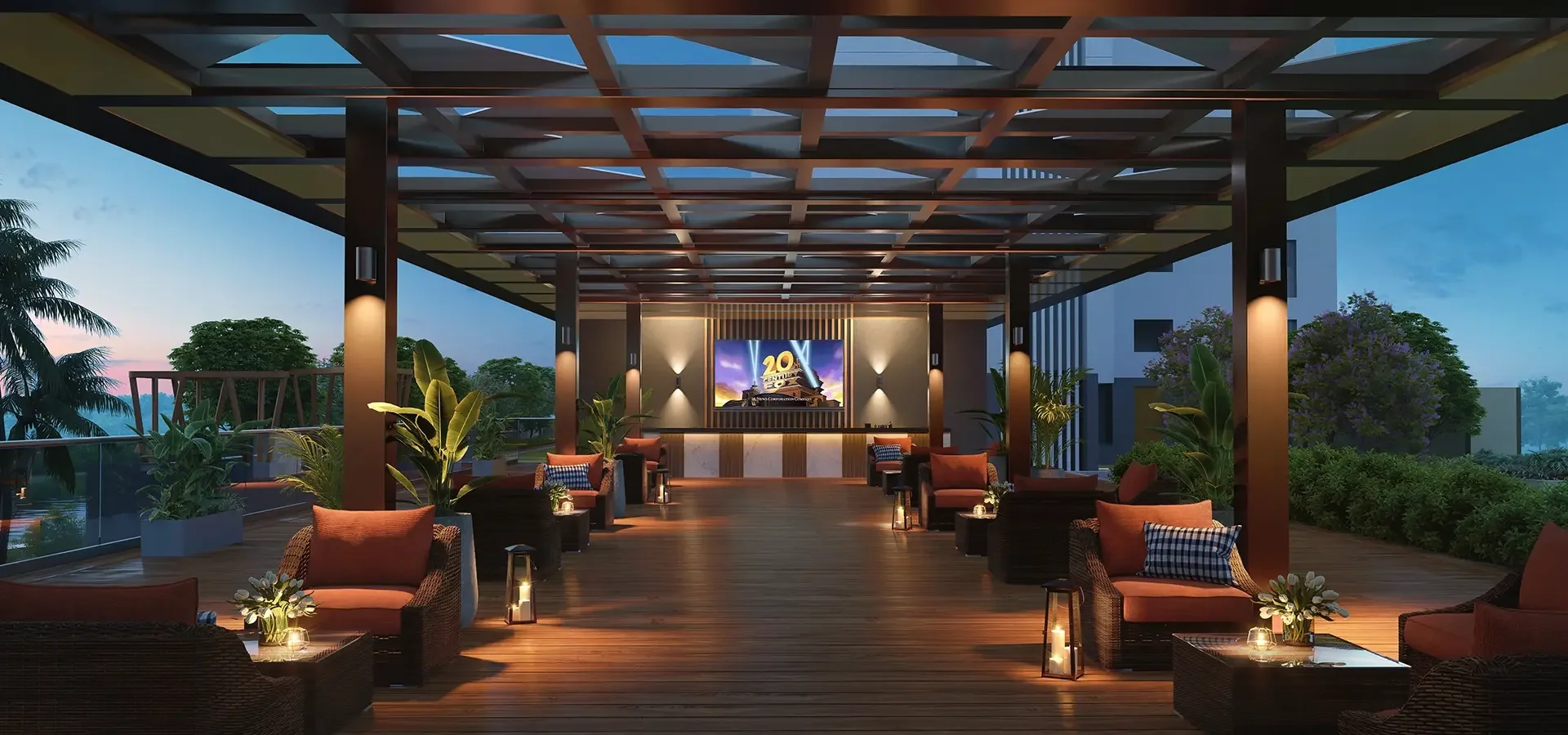 Godrej River Royale rooftop lounge with open-air screening and seating