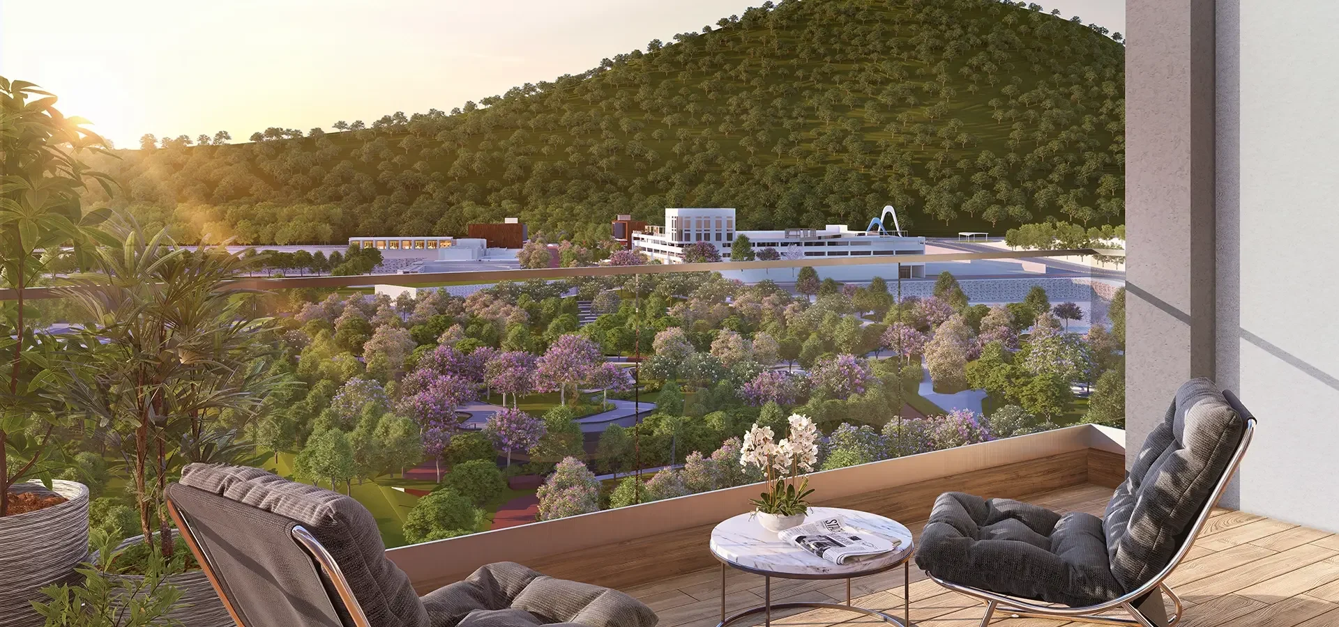 Godrej River Royale apartment balcony looking across the park to the hills