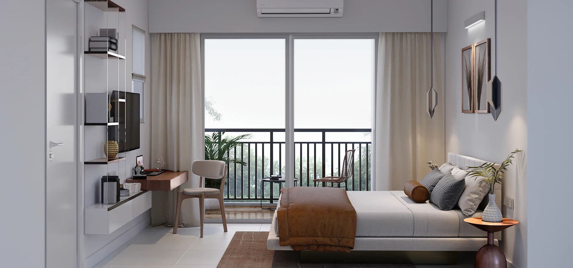Godrej Woodsville bedroom with wardrobe wall and television unit
