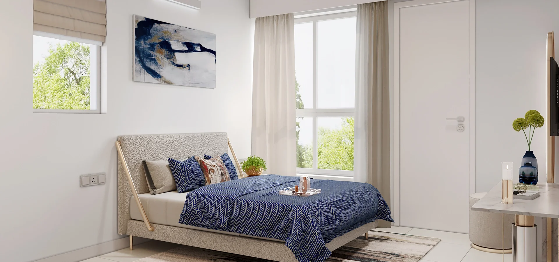 Godrej Woodsville bedroom with window seating and soft furnishings