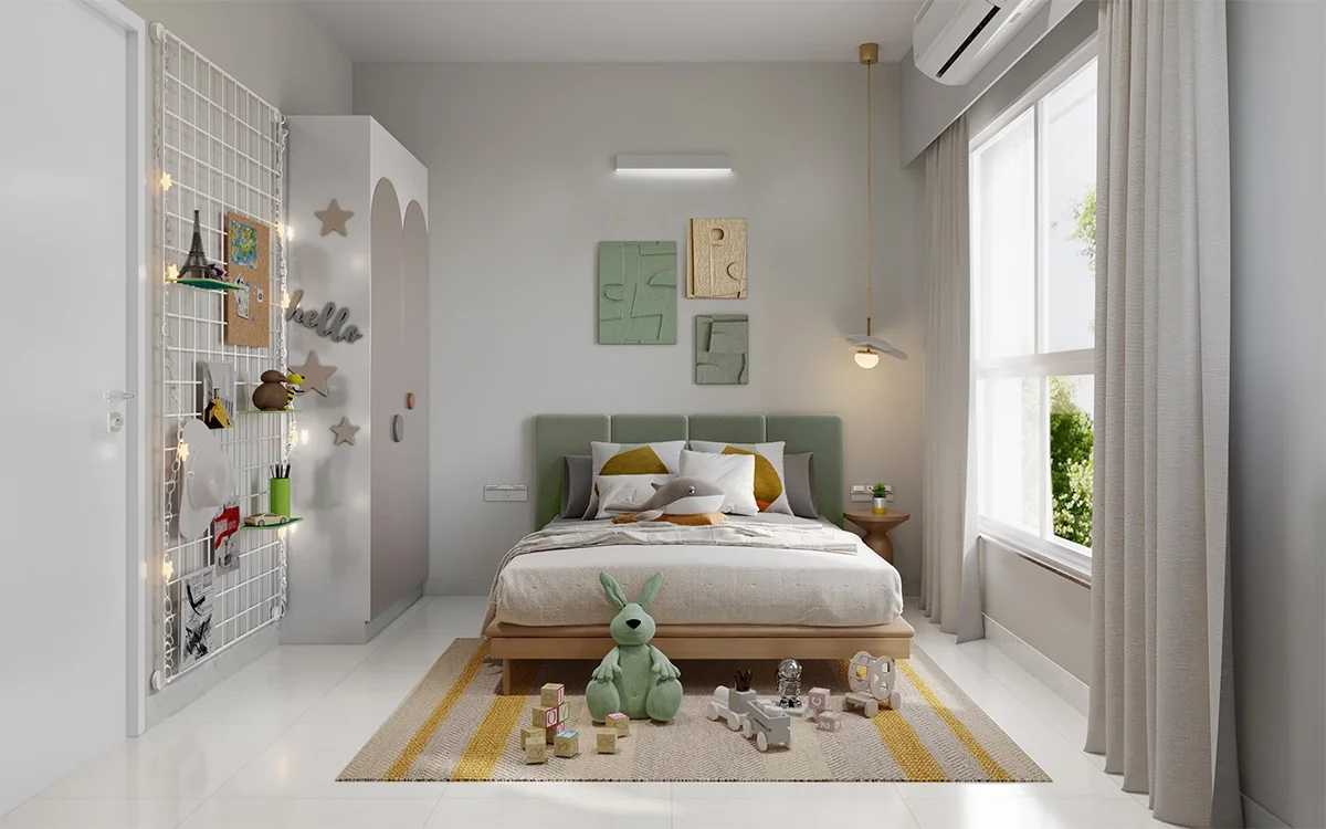 Godrej Woodsville children's bedroom with play storage and pinboard wall