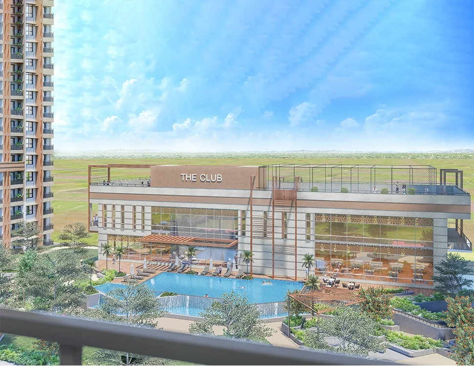 Godrej Woodsville The Club seen from a balcony with the pool below