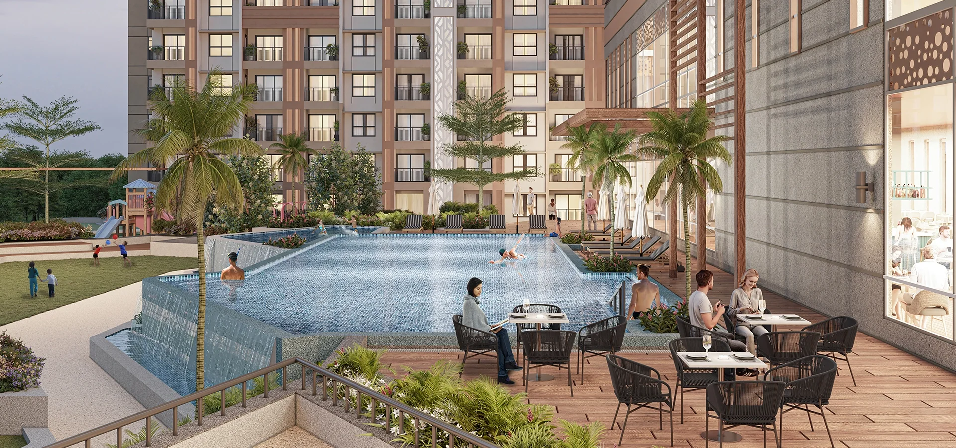 Godrej Woodsville swimming pool with poolside dining terrace