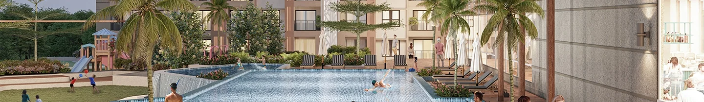 Godrej Woodsville pool and landscaped deck beside the residential wings