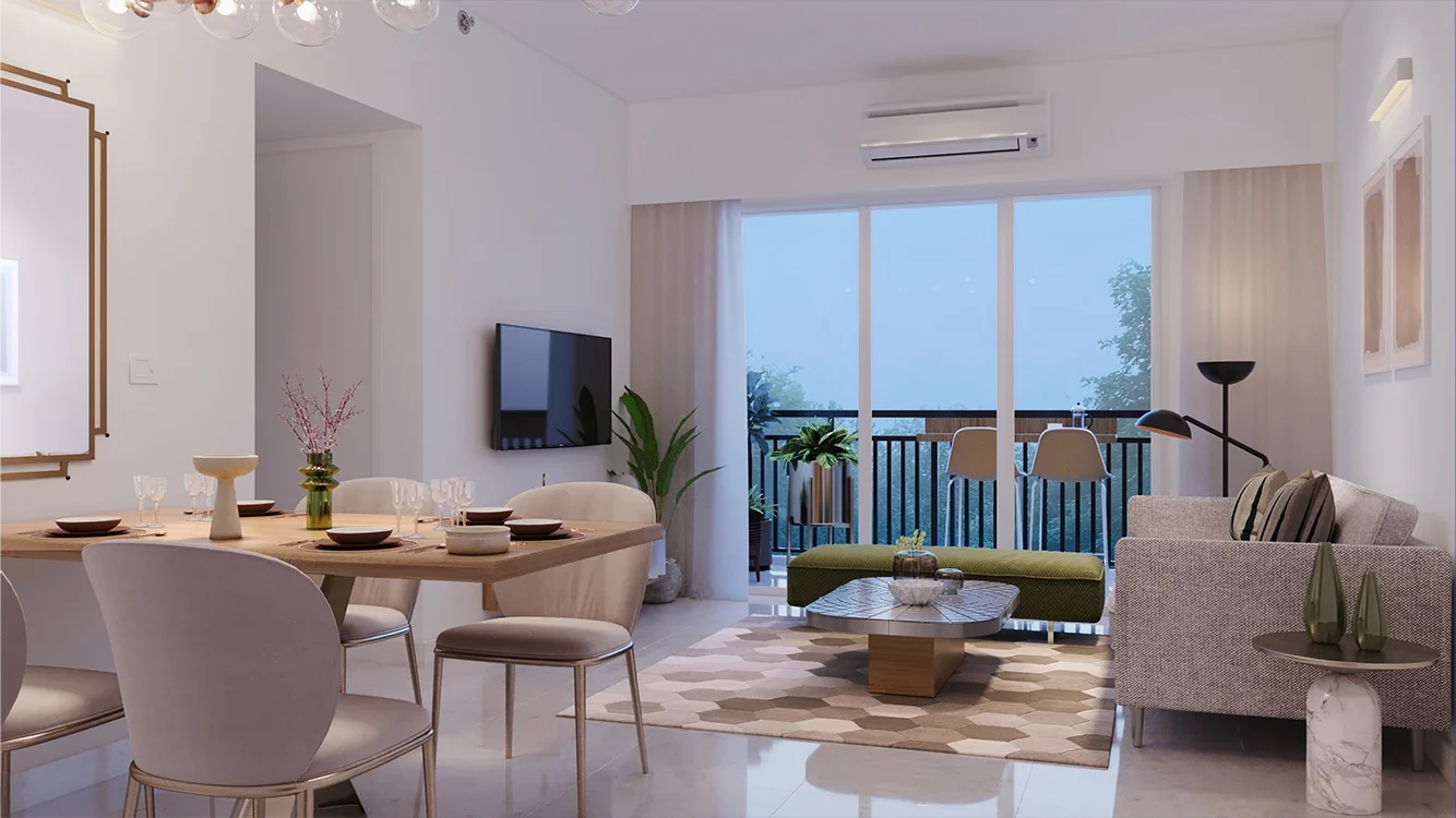 Godrej Woodsville apartment living and dining space opening to the balcony