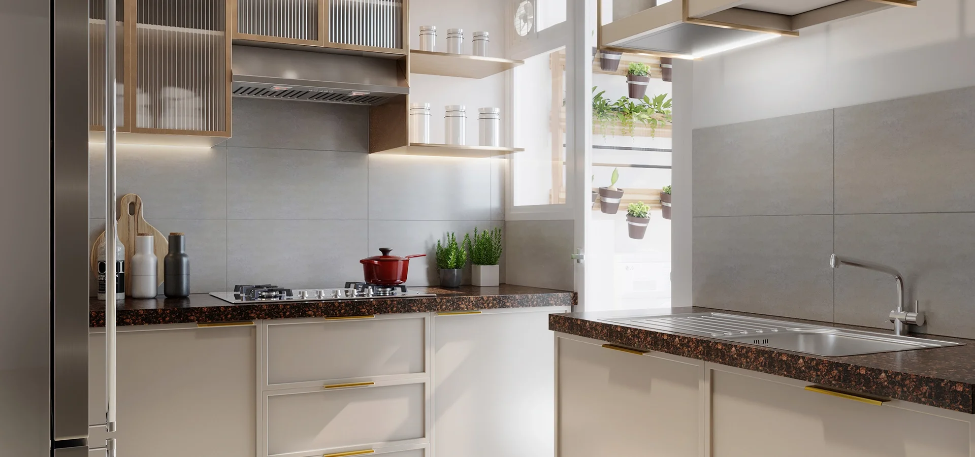 Godrej Woodsville kitchen with granite counter and overhead storage