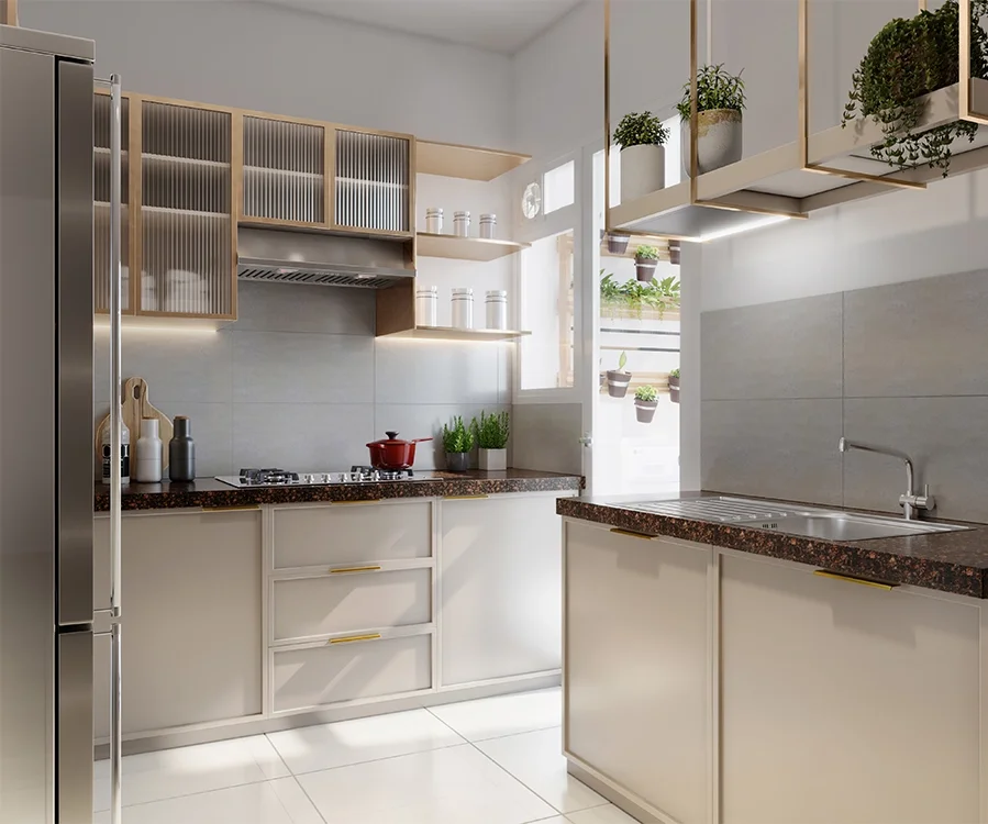 Godrej Woodsville kitchen detail with integrated appliances and planting