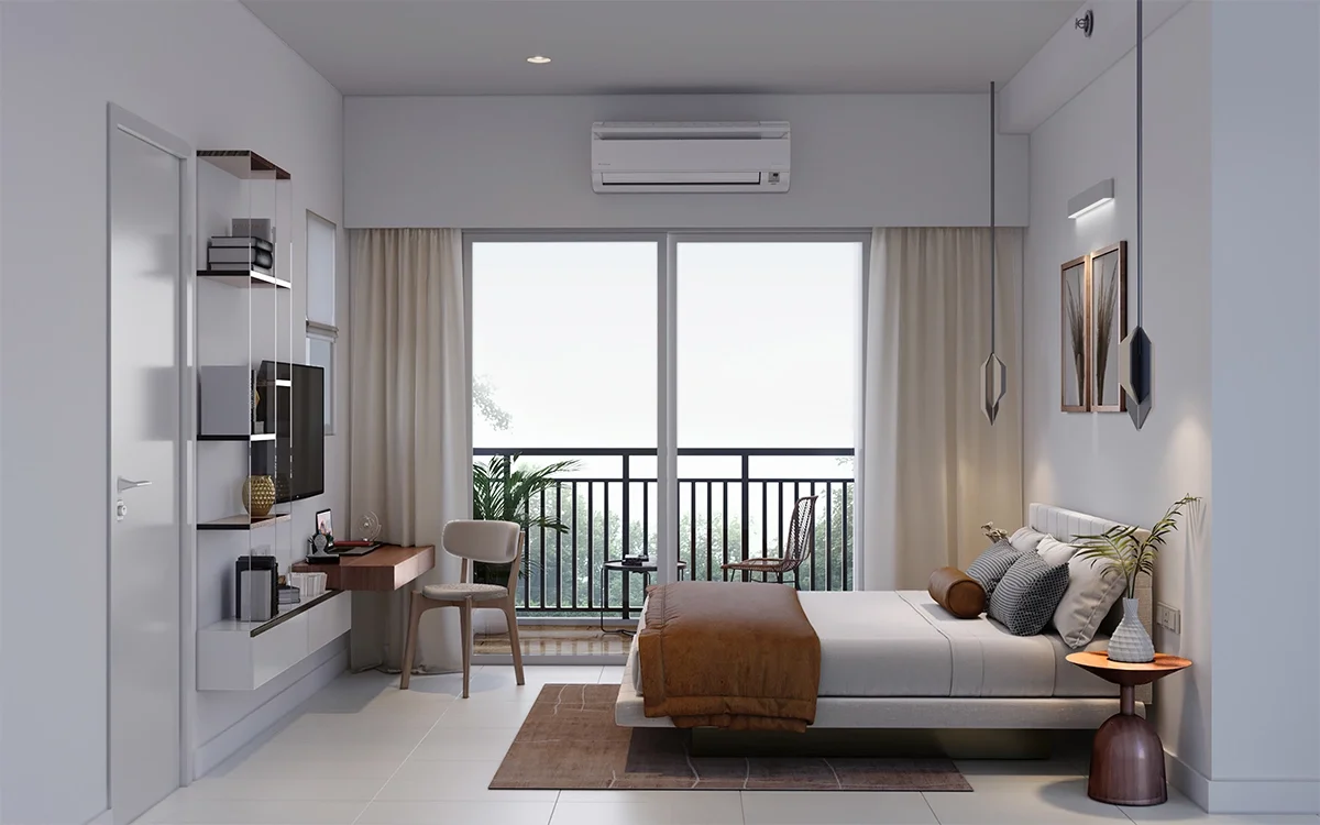 Godrej Woodsville bedroom with study desk and balcony access