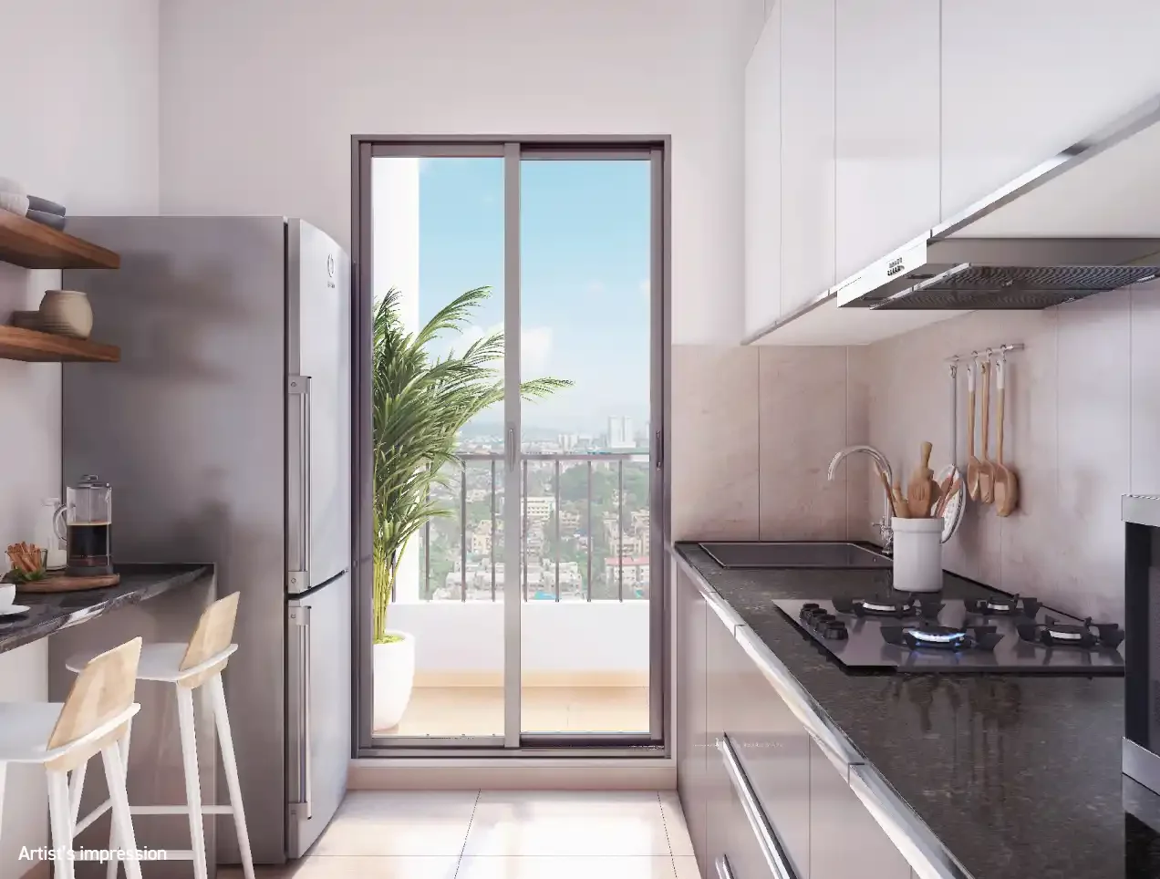 Joyville Hadapsar Annexe kitchen with granite counter and utility balcony access