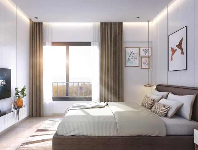 Joyville Hadapsar Annexe bedroom with wardrobe wall and window seating