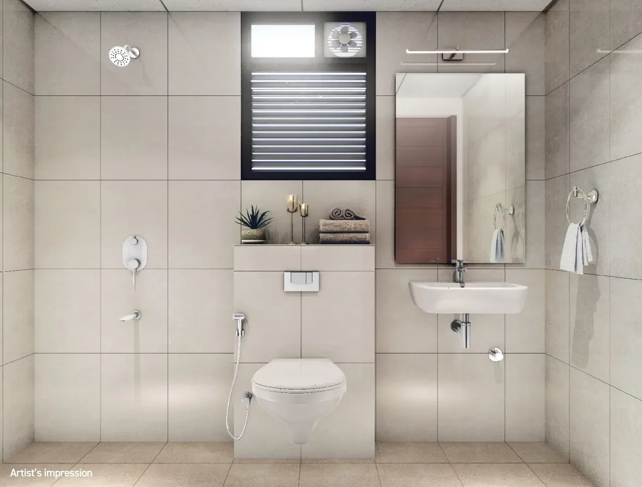 Joyville Hadapsar Annexe bathroom with wall-hung fittings and tiled finish