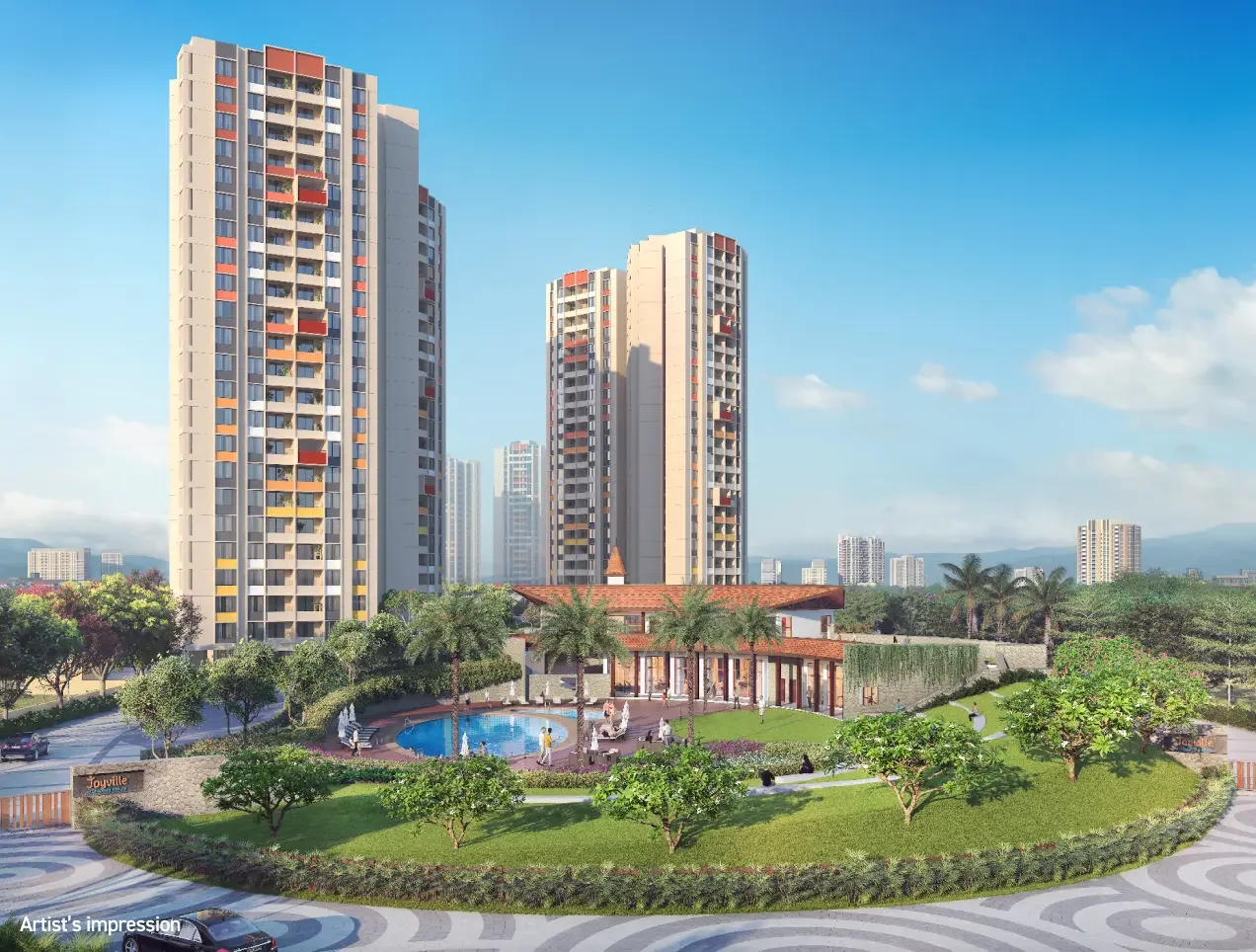Joyville Hadapsar Annexe towers rising behind the clubhouse and swimming pool