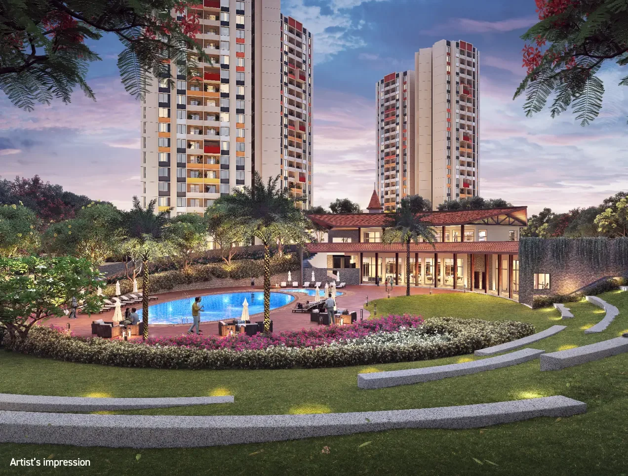 Joyville Hadapsar Annexe clubhouse and pool deck at dusk
