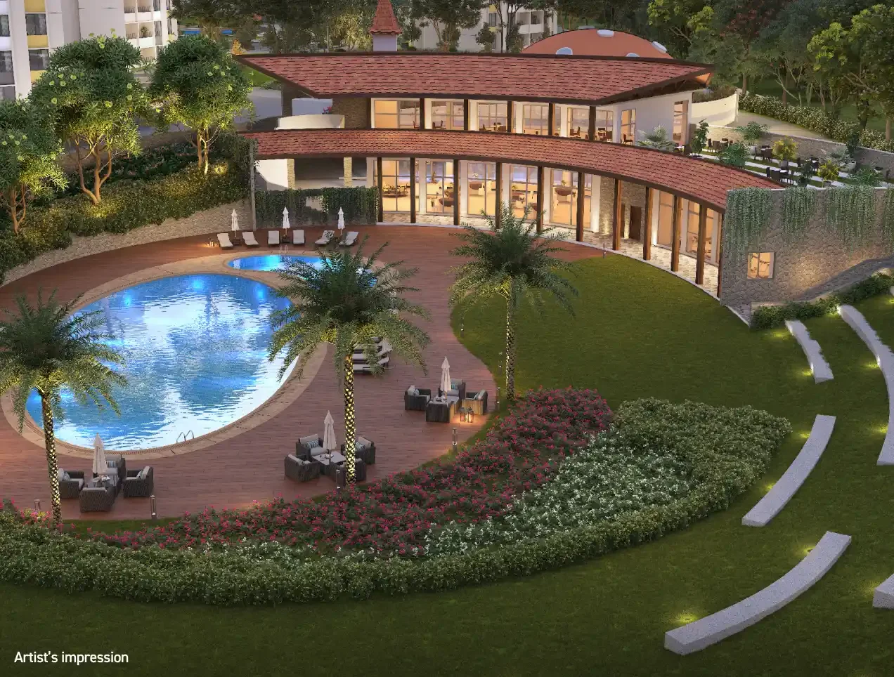 Joyville Hadapsar Annexe clubhouse seen from above with pool and lawn