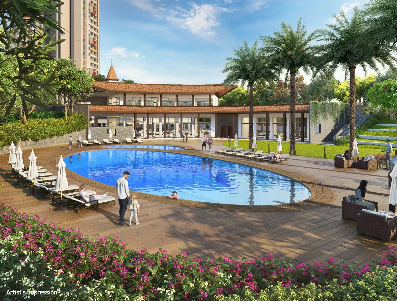 Joyville Hadapsar Annexe swimming pool with loungers and palm planting
