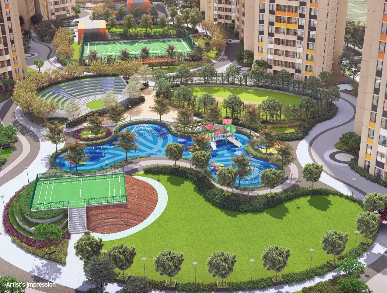 Joyville Hadapsar Annexe central amenity zone with amphitheatre, courts and water play