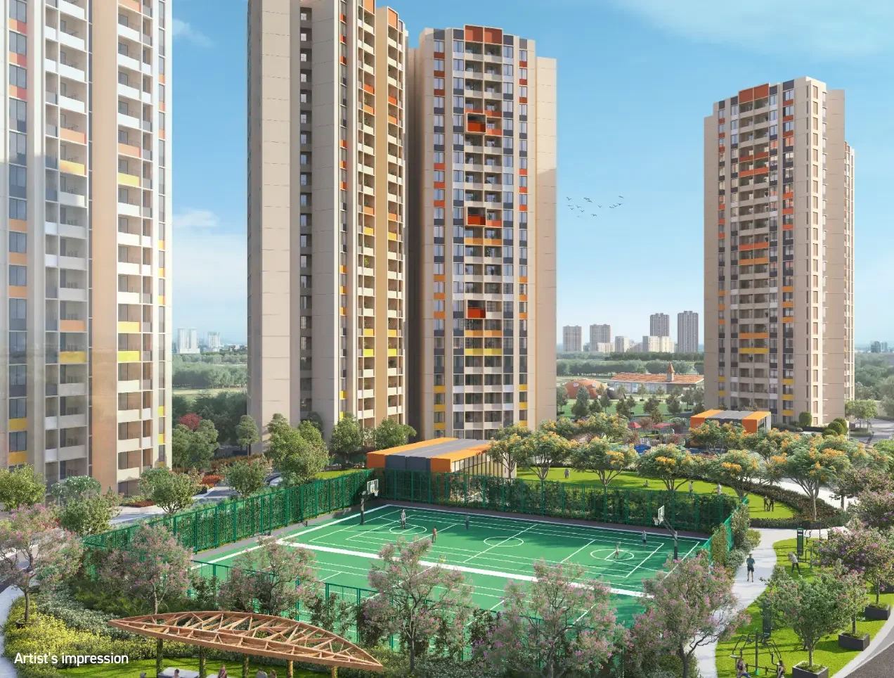 Joyville Hadapsar Annexe tennis and multipurpose court beside the towers